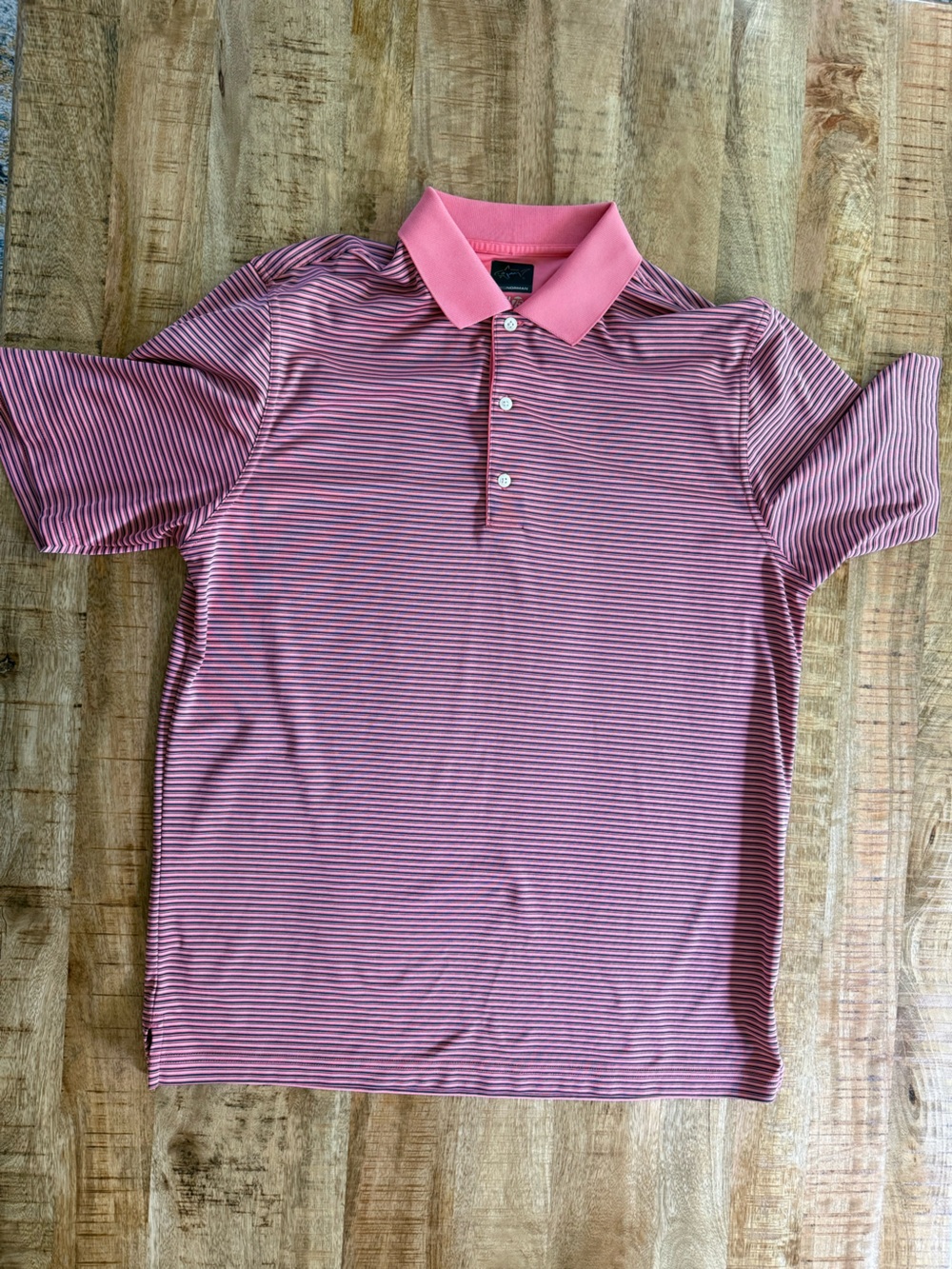 Greg Norman ML75 Play Dry Men’s Large Pink Navy Stripe Golf Polo